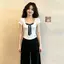 Phong cách Hàn Quốc Pure Desire Cổ thấp chấm bi phối ren Áo thun ngắn tay giả hai mảnh phong cách mới mùa hè