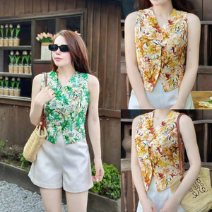 Set Gile Nữ Họa Tiết Hoa Cài Nút Sát Nách Phong Cách Vintage Mặc Đi Chơi Dạo Phố HIYU 66 STORE