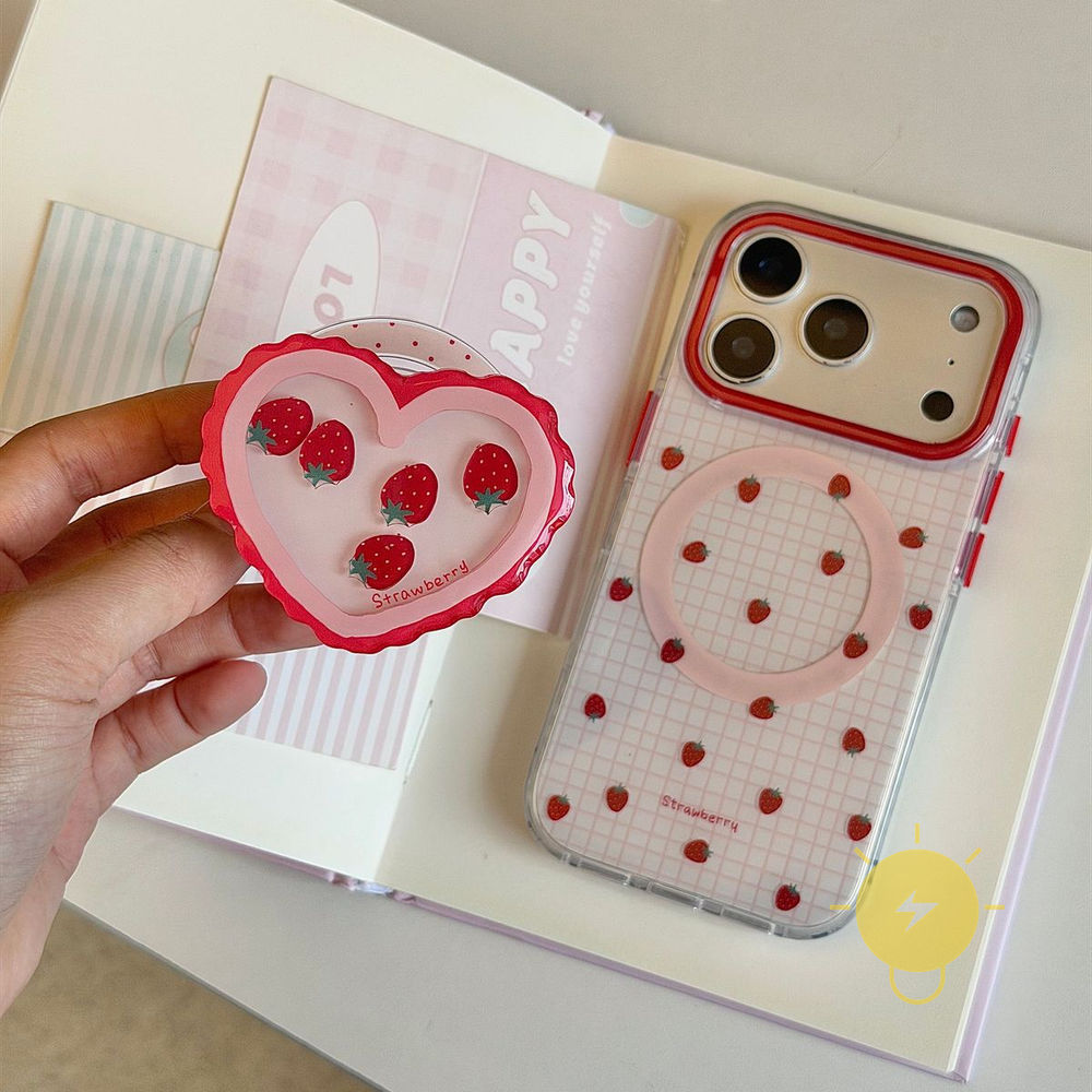 Phone Case For iPhone 17 Pro Max 16 15 14 13 TPU Magnetic Grid Strawberry Aesthetic Korean Cute