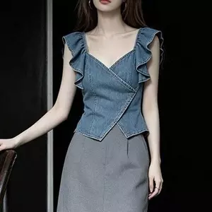 Mùa hè Độc Đáo Đẹp Giảm Tuổi Cao Cấp Niche Cao Cấp Phong Cách Phương Tây Áo Sơ Mi Denim Xanh Nữ