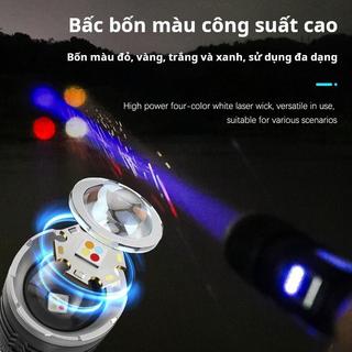 Đèn pin zoom siêu sáng 4 màu, chống nước, có thể dùng làm nguồn điện di động, sạc qua cổng USB và năng lượng mặt trời.