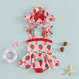 Bộ đồ bơi bé gái không tay kẻ sọc in hình dâu tây Bikini có mũ Đồ bơi để tắm mùa hè