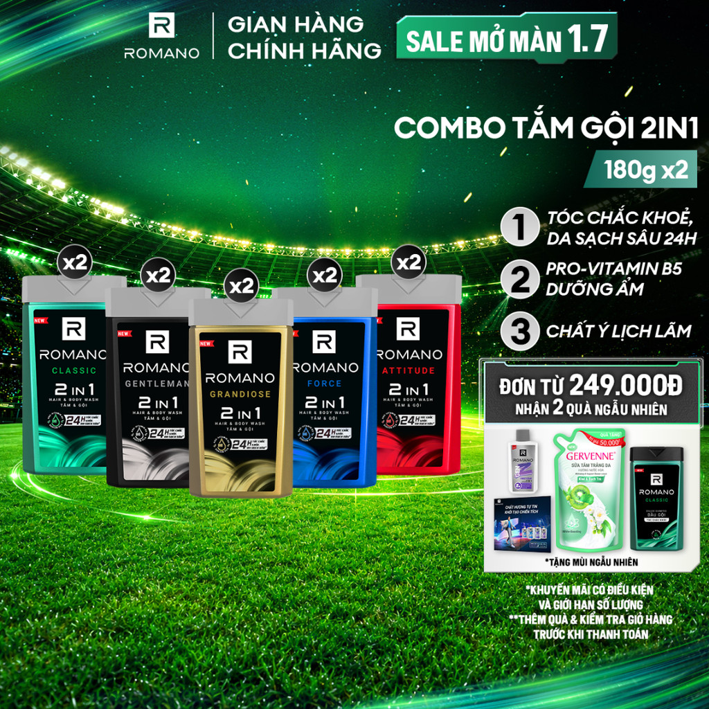 Combo 2 Tắm gội cho nam 2 trong 1 Romano 180g/chai