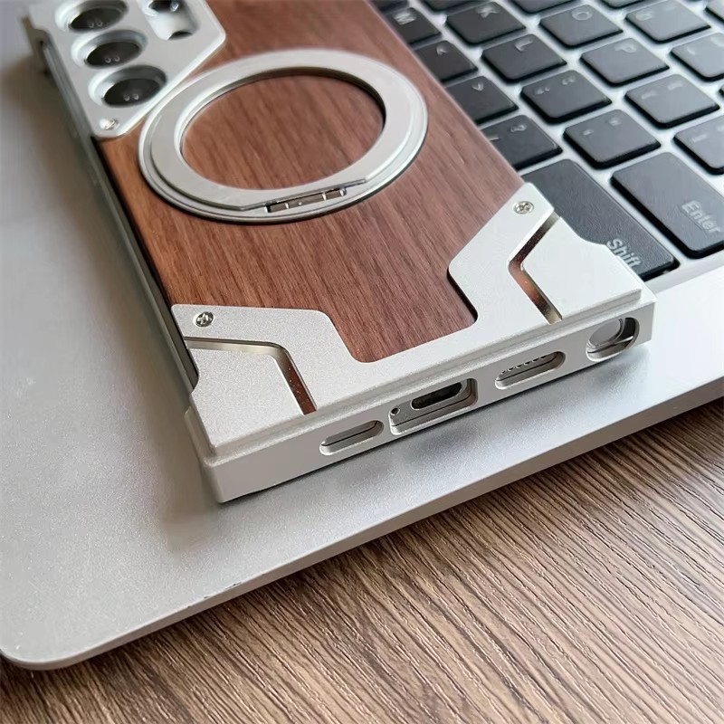 Dành Cho Samsung Galaxy S23 S22 S24 S25 S26 Ultra Walnut Gỗ Kim Loại Viền Giáp 360° Giá đỡ từ tính xoay Vỏ chống sốc