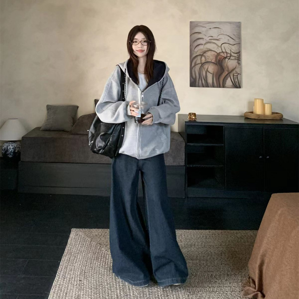 【Hot Trend】Áo Hoodie Nữ Màu Xám Phong Cách Hàn Quốc Có Mũ Trùm Khóa Kéo Thu Đông