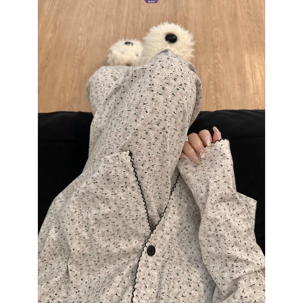 Bộ đồ ngủ dài tay phong cách hoa Hàn Quốc cho xuân thu mới, kèm cardigan mặc nhà