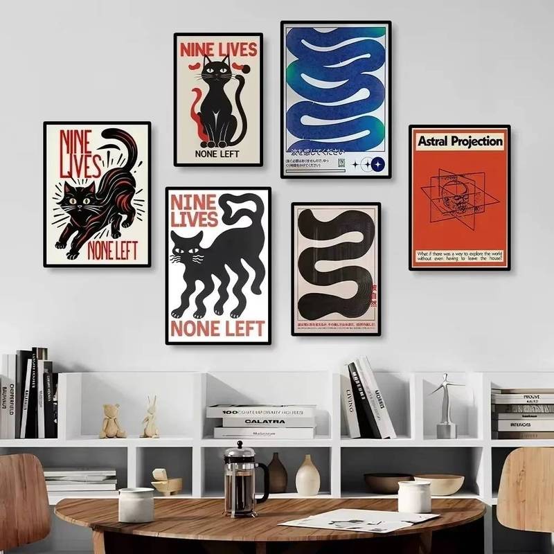 Poster Nhật Bản không khung, in cây liễu Nhật Bản, cá koi mèo đen và chín mạng, trang trí tường nghệ thuật phòng khách hiện đại