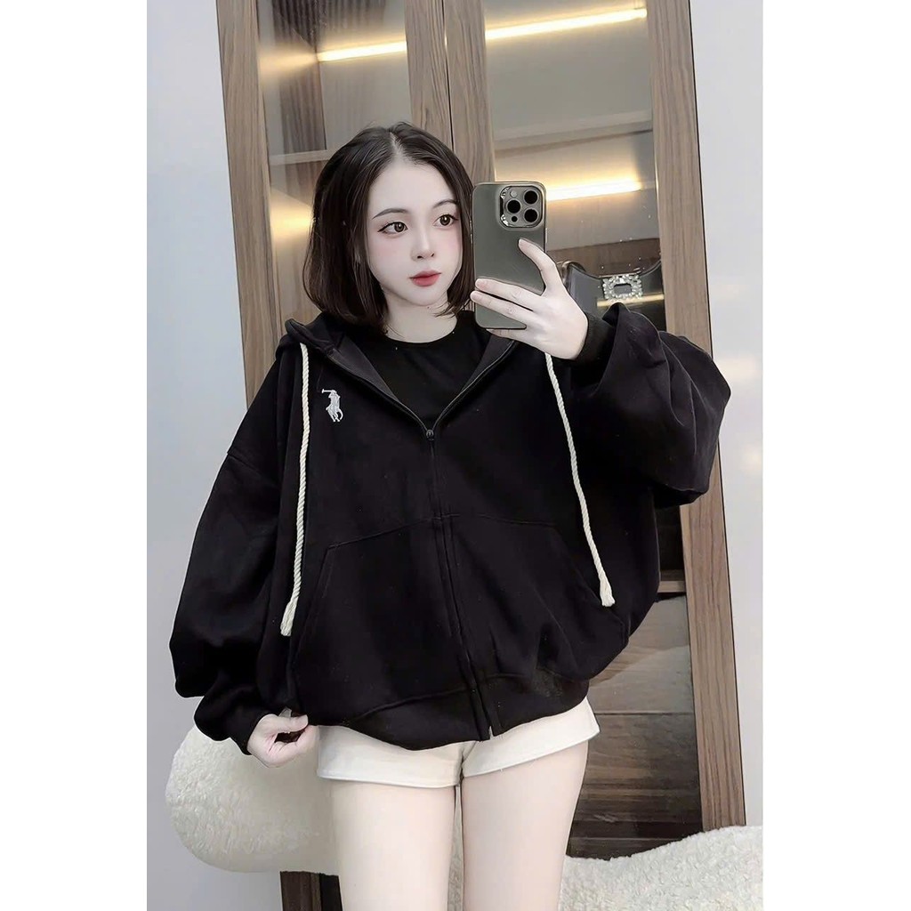 Áo khoác nỉ có khoá kéo form rộng mũ 2 lớp unisex nam nữ- hình thêu con ngựa ở ngực