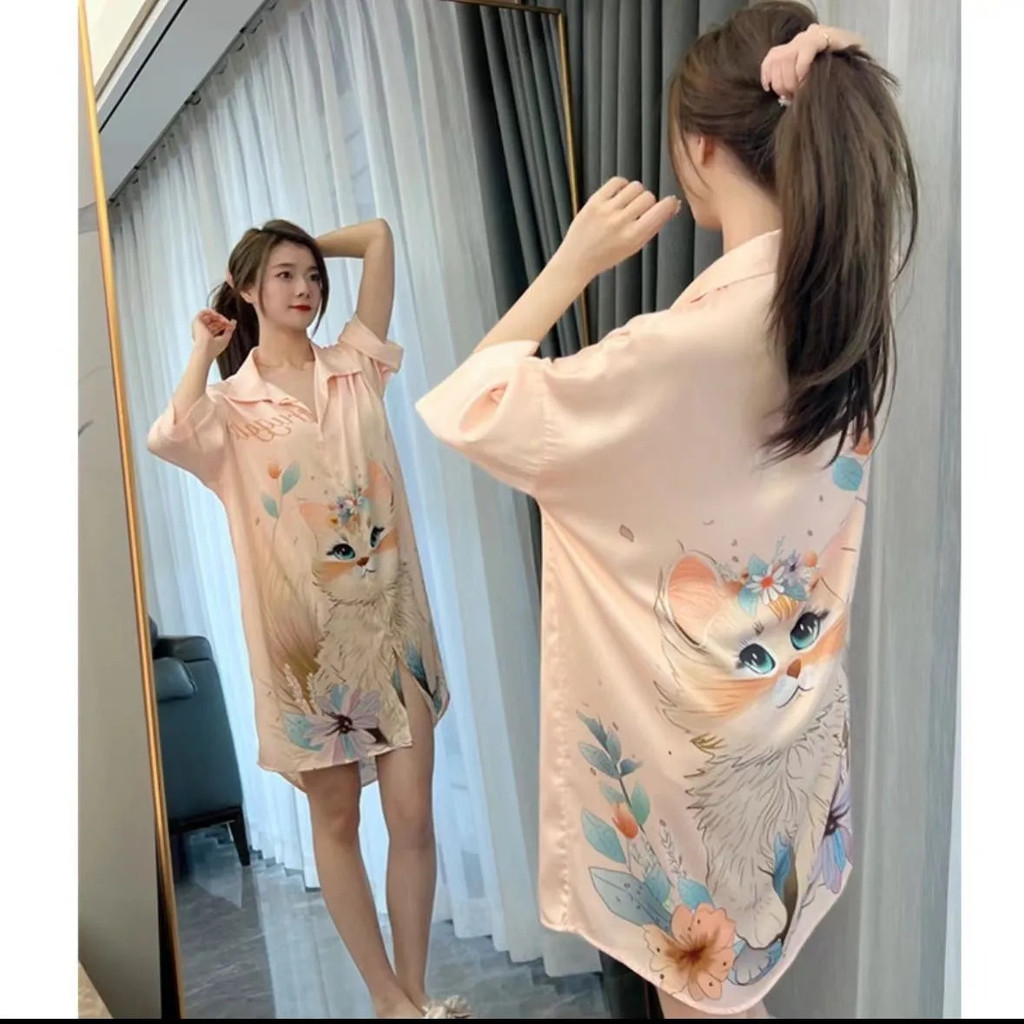 Hàng sẵn có Phiên bản Hàn Quốc Ice Silk Váy ngủ nữ mỏng gợi cảm Bộ đồ ngủ cao cấp nhẹ sang trọng dáng rộng Homewear nữ