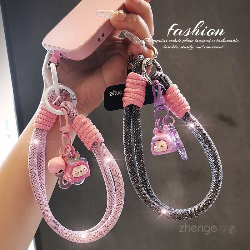 Phụ kiện điện thoại di động Thỏ dễ thương Dây buộc điện thoại di động ngắn Gạc cao cấp dát kim cương giả Vòng tay máy ảnh ngoài trời Vỏ điện thoại di động mạnh mẽ phổ thông
