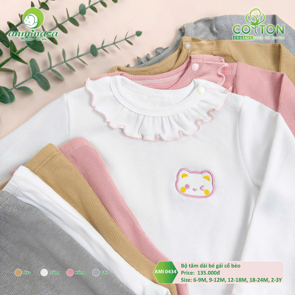 Bộ Dài Tay Thu Đông Bé Gái Anminaza Vải Tăm Ấm Áp Cổ Bèo - Hàng Chính Hãng AMI0434