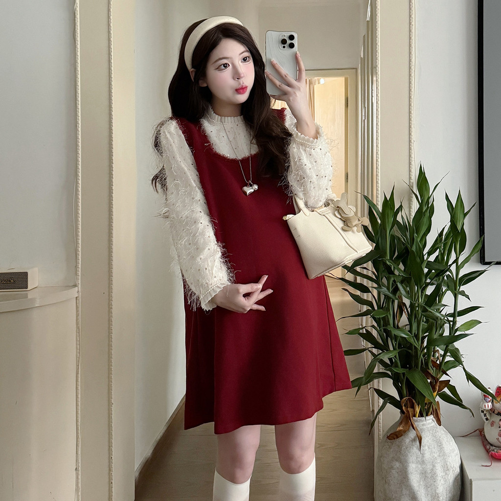 Bộ đồ bà bầu Thu Đông Váy sơ mi đính sequin Bộ đồ hai mảnh