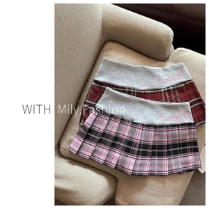 Váy chữ A preppy màu sắc tương phản, kẻ sọc thấp eo thêu xếp ly, phong cách mới Y2K