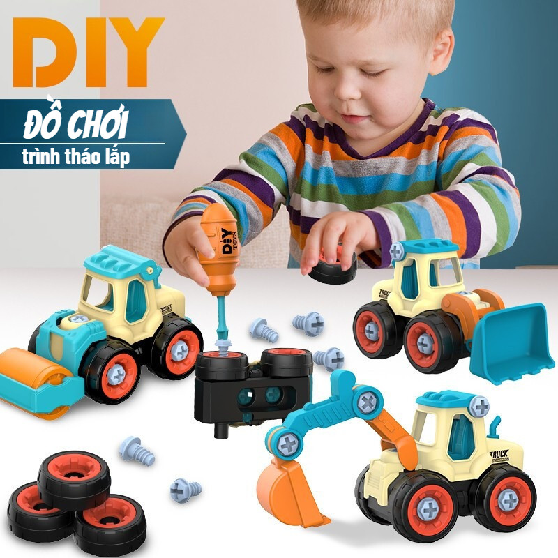 Đồ Chơi Xe Công Trình Tháo Lắp,Bộ 4 Xe Nhiều Màu Kèm Vít & Tua Vít,Phát Triển Khả Năng Thực Hành Của Trẻ