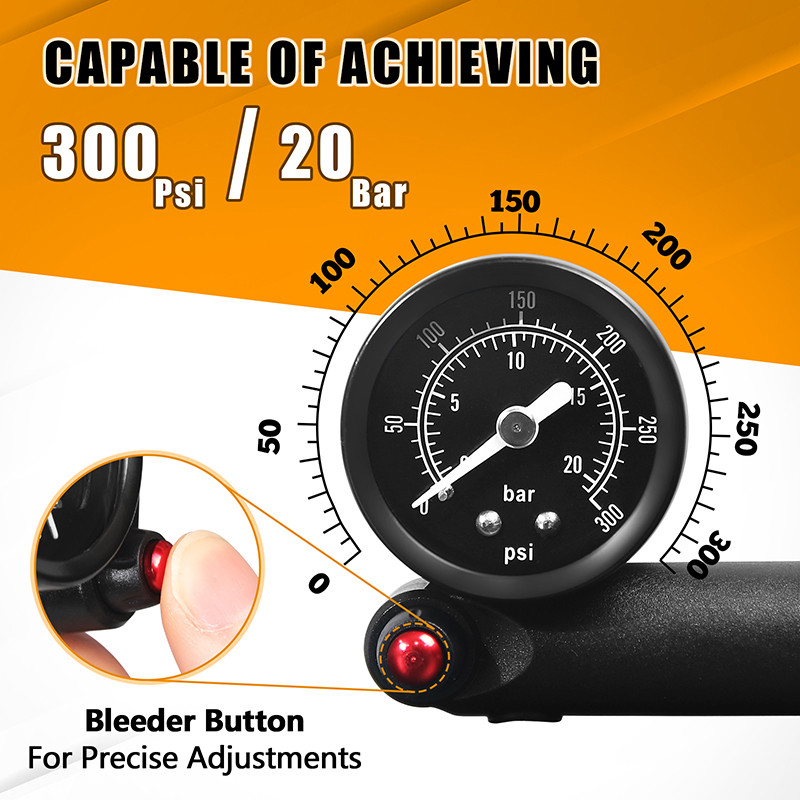 BUCKLOS Máy Bơm Xe Đạp Nĩa Khí Phía Sau 300psi Máy Bơm Hơi Sốc Di Động Áp Lực Cao Máy Bơm Không Khí Bằng Tay Có Đồng Hồ Đo MTB Xe Đạp Đường Bộ Dụng Cụ