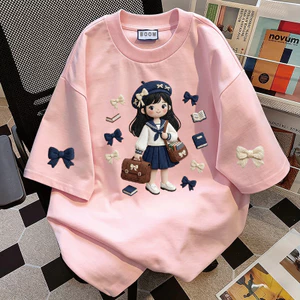 （Giao hàng 24h）Angela Áo thun nữ kiểu hàn quốc form rộng tay lỡ cổ tròn cotton Mát-Hè hot trend in cách dễ thương#22