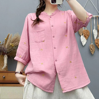 Hàng sẵn có] Áo sơ mi nữ 100% Cotton chất lượng cao Áo sơ mi thêu văn học Nơ tay ngắn tay trung bình Xanh đại học mùa hè hàng đầu
