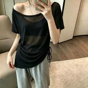 Áo tập Yoga dáng rộng nhiều mảnh cổ một dòng mùa hè, áo lười thoáng khí khô nhanh giản dị T