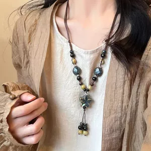 Mới Phong Cách Trung Hoa Gốm Hoa Đính Hạt Vòng Cổ Nữ Tua Dài Mặt Dây Chuyền Áo Len Dây Xích Retro Xương Đòn Dây Xích
