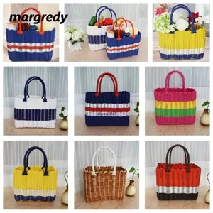 Giỏ mua sắm đan thủ công MARGREDY, 24 * 14 * 18cm / 23 * 12 * 18cm Mây dệt tại nhà Đóng gói trái cây rau củ, Giỏ đựng đồ dã ngoại nhiều màu PE