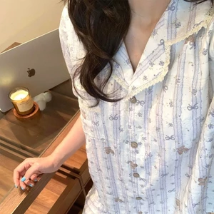 Đồ Ngủ Có Đệm Ngực, Áo Cardigan Ren Cổ Ve Áo Mùa Xuân Hè Cho Nữ, Bộ Đồ Mặc Nhà Dài Tay Ngọt Ngào