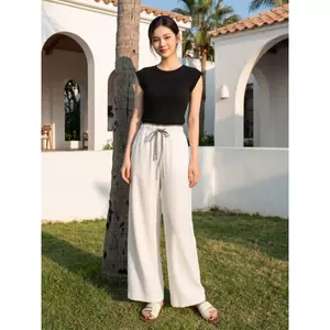 Quần dài nữ CARDINA chất liệu thô đũi dài suông phối cạp 6QDR07