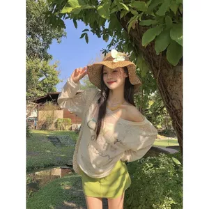 Hàng dệt kim chống nắng rỗng một vai mùa hè dành cho nữ dáng rộng phong cách lười biếng lệch vai Phong cách mỏng Air Cond