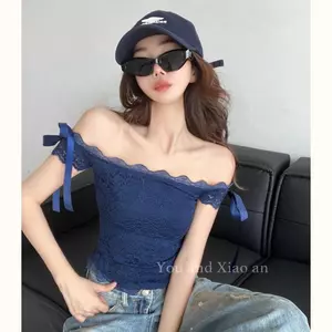 Xương đòn đẹp ~ Áo thun ren dệt kim một vai Nữ tính Ngọt ngào Phong cách mát mẻ Cô gái nóng bỏng Slim-fit Lớp học phong cách ngắn