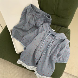 Phụ Nữ Pyjama Ngọt Ngào Búp Bê Cổ Ren Tay Ngắn Quần Short Phong Cách Đáng Yêu Cho Hàng Ngày Trong Nhà Thư Giãn Thời Gian Giải Trí