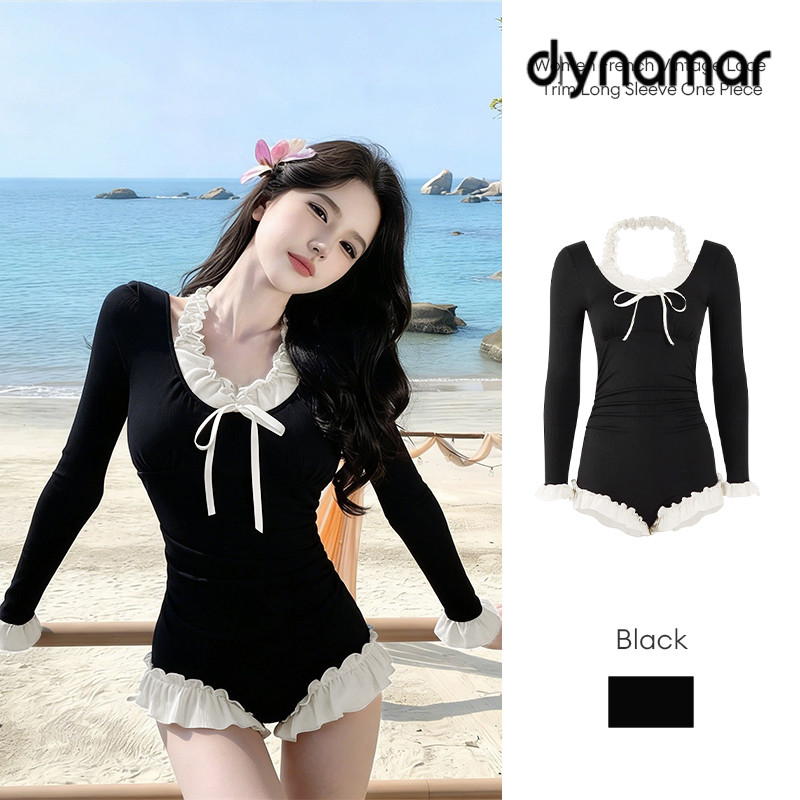 【dynamar】Áo tắm liền thân nữ kiểu Pháp cổ điển viền ren giúp định hình vòng bụng và thon gọn vóc dáng. tay dài