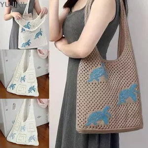 YUJUNI Tote, Túi Đeo Vai Dệt Kim Rỗng, Màu Nâu Màu Be Dung Tích Lớn Hoạt Hình Rùa Xô Túi Kỳ Nghỉ