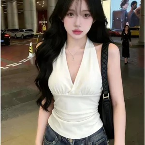 Áo yếm cổ chữ V gợi cảm mùa hè Hot Girl Style Halter Slim-fit Slimer Look Áo không tay có đệm ngực