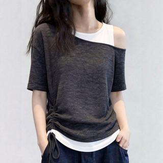 [Seckill trong thời gian có hạn] Áo thun ngắn tay hai mảnh giả màu tương phản, mùa hè 2026 Plus Size Fat MM Design Áo đeo vai nghiêng không đều