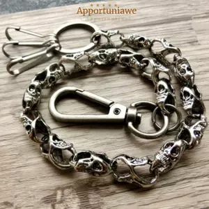 IAPPORTUNIA Gothic Punk Dây Thắt Lưng Nặng, Hợp Kim Bền Nam Đầu Lâu Ví Dây Xích, Bạc 40 / 60cm Hip Hop Rock Jeans Móc Khóa
