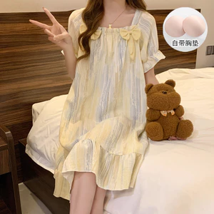 Đồ Ngủ Nhăn Bong Bóng Ngắn Tay Mùa Hè Nơ Bướm Mặc Nhà Nữ Mặc Bên Ngoài