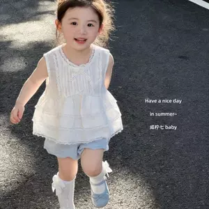 Bộ đồ mùa hè cho bé gái (80-130) Áo sơ mi ren công nghiệp nặng + Quần short
