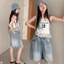 Bé Gái Đính Hạt Quần Short Cao Cấp Mùa Hè Phong Cách Mới Trẻ Em Thời Trang Mờ Denim Năm Điểm Quần