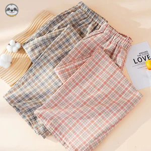 Phong cách Nhật Bản Phong cách Muji / Quần Pyjama Cotton nguyên chất kẻ sọc phong cách cặp đôi / Quần dài dáng rộng phong cách mỏng / Quần Pyjama mùa hè có thể mặc bên ngoài