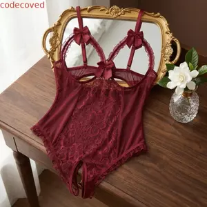 COCODECOVED Ren Nơ Body, Quần Lót Nữ Trong Suốt Sâu V, Thời Trang Mở Đáy Lưới Rỗng Lưng Ren Sling Váy Ngủ Quà Tặng