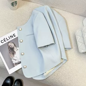 Áo Blazer ngắn tay màu xanh da trời dành cho nữ 2026 Áo kiểu Pháp cao cấp nổi tiếng được vận chuyển trong vòng 6.23