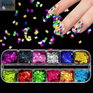 JVSUB Nail Art Sequins, 12 Lưới Laser Sáng Bóng Móng Tay Lấp Lánh Mảnh, Hình Chữ Nhật Hình Vuông Hình Ba Chiều Trang Trí Móng Tay Phụ Kiện DIY Trang Trí