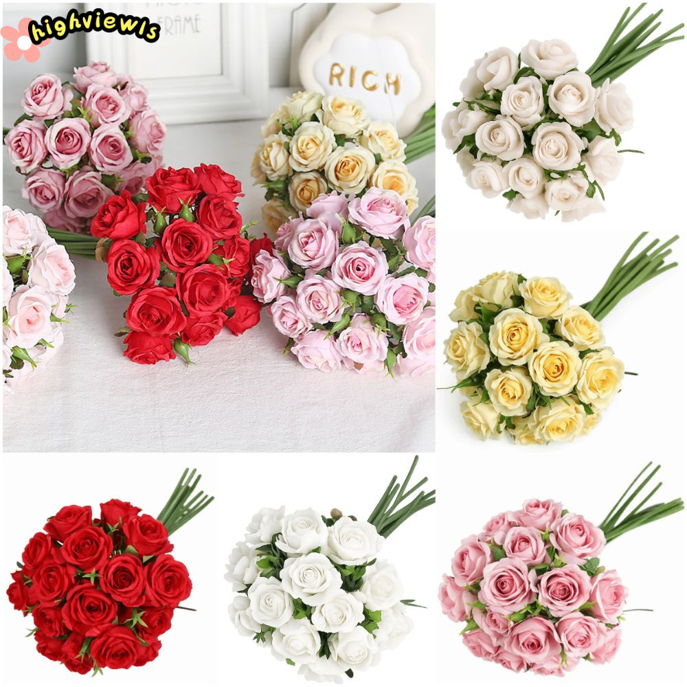 Cao cấp bó hoa hồng nhân tạo 18 đầu nhiều màu, cánh lụa, đạo cụ ảnh sáng tạo, trang trí nhà cửa