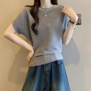 Áo thun ngắn tay dệt kim màu xám phong cách Hàn Quốc mùa hè dành cho nữ một vai ngắn hẹp dáng ôm hàng đầu Hot Girl Slimer Look
