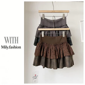 Milyfashion Khâu Hoa Kẻ Sọc Bánh Lông Tơ Váy Ngắn Eo Cao Giảm Tuổi Váy Hai Lớp Mùa Hè Phong Cách Mới Y2K QS6R