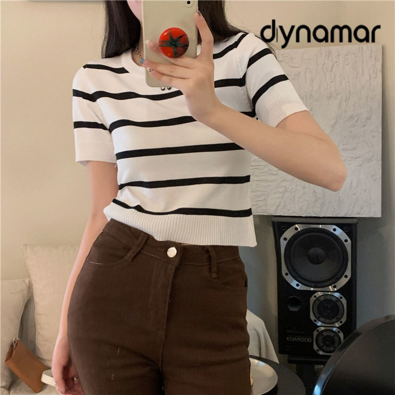 【dynamar】Áo thun ngắn tay dệt kim kẻ sọc tương phản màu sắc dành cho nữ, thiết kế mùa hè, kiểu dáng ôm sát.