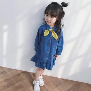 ✿ Bé Gái Nơ Thắt Nơ Áo Sơ Mi Denim Ruffle Hem Dài Tay Trẻ Em Ngọt Ngào Mềm Mại Mùa Xuân Thu Jean Đầm