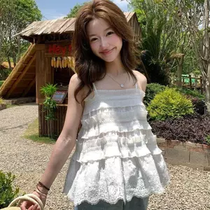 Áo sơ mi trẻ em thêu ren công nghiệp nặng ngọt ngào Hàn Quốc Pure Desire Girl thêu Jacquard Áo không tay