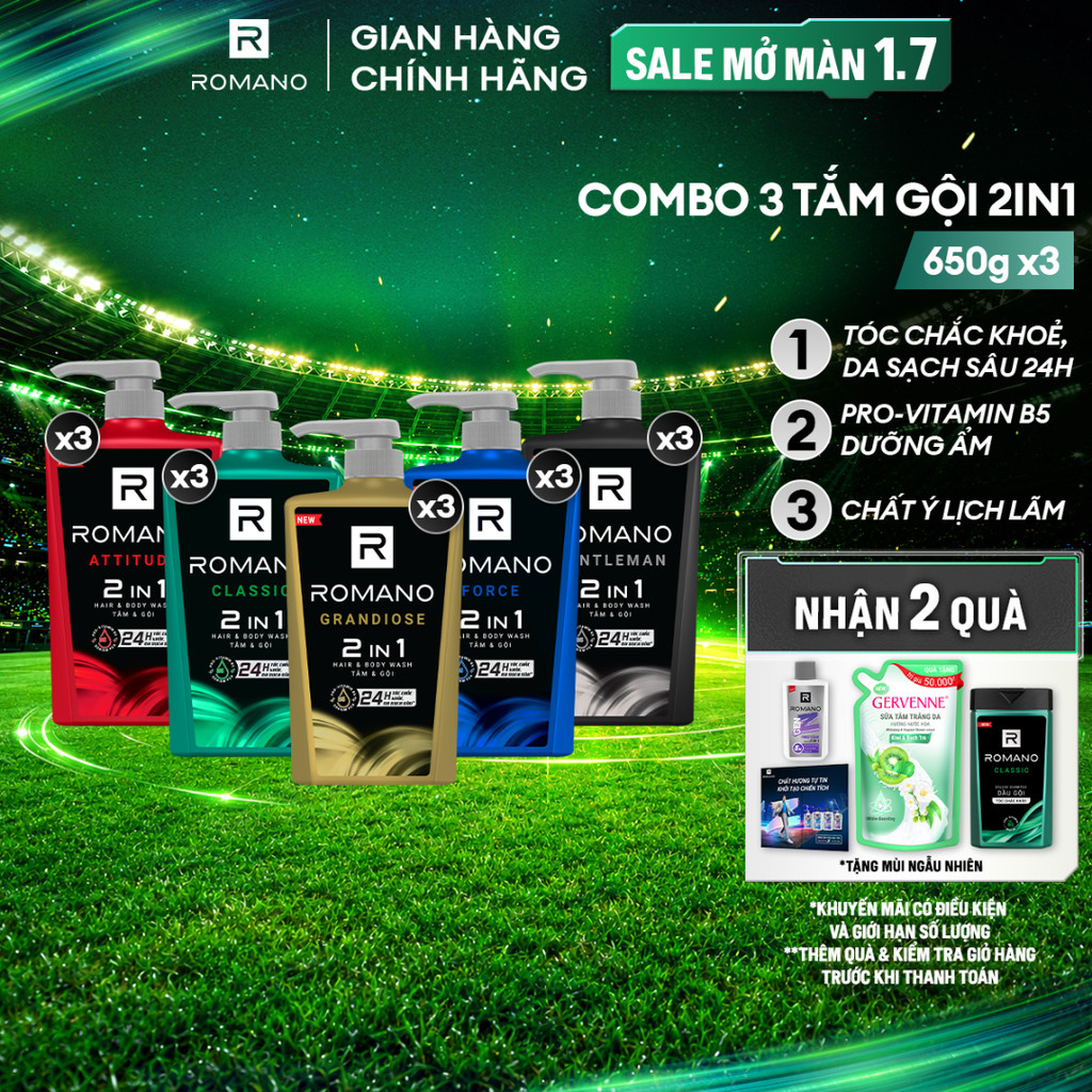 Combo 3 Tắm gội cho nam 2in1 cho nam Romano Attitude/Gentleman/Force/Classic (650g x 3)