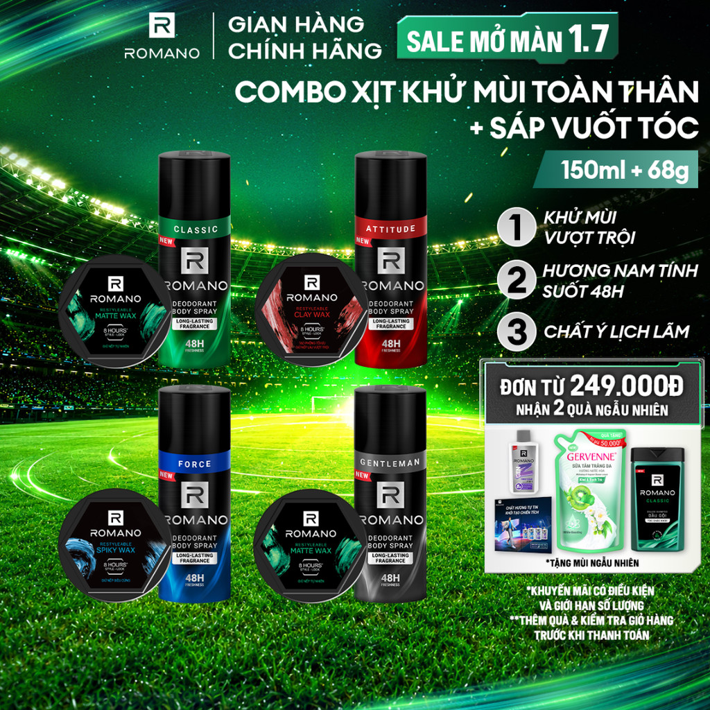 Combo xịt toàn thân Romano 150ml + Sáp vuốt  tóc Romano Restyleable Wax 68g/hộp
