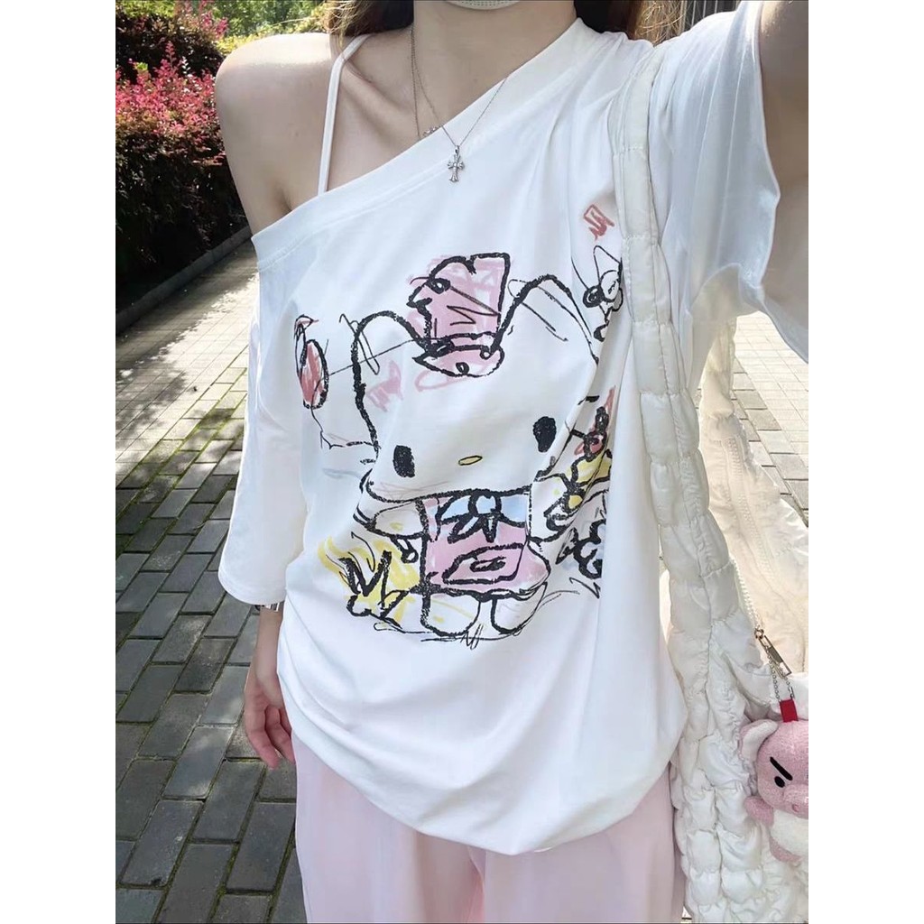 Milyfashion Fun kitty In Hình Slanted Vai Áo Thun Tay Ngắn Mùa Hè Phong Cách Mới Rời Tinh Khiết Desire Top Quần Áo Nữ